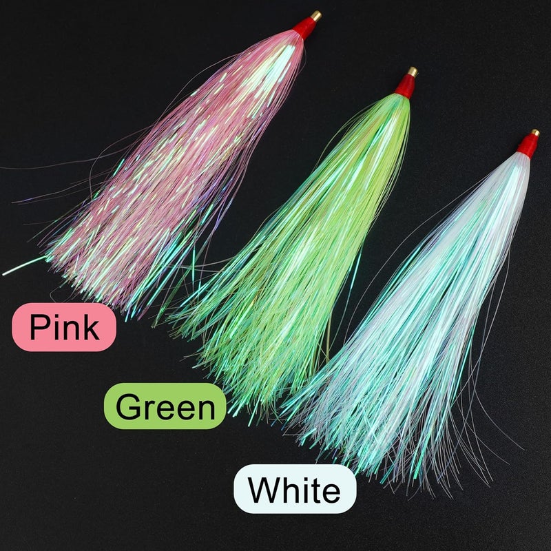 SILANON Fishing Bucktail Teasers Kit, 10/18pcs Mylar Flash Teaser Tail Fishing Teaser Lures Mylar Bucktail Skirts for Flounder Rig Saltwater 3 Colors - Image 5